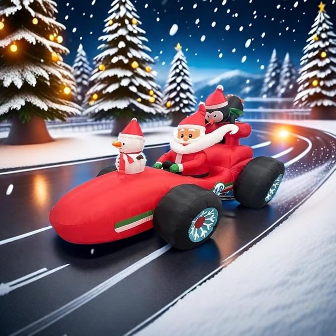 8FT Christmas car Inflatable Old Man, Santa Claus Snowman Penguin Driving Racing car, Built-in LED Lights and Blower, Christmas Inflatable Outdoor Decoration Lawn Patio Christmas Outdoor Decoration.