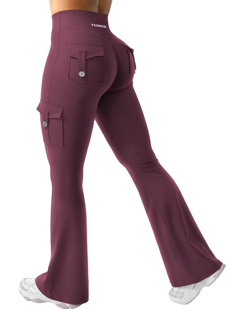 YEOREO CoreFlex Women Workout Flare Leggings with Pockets Hidden Scrunch High Waisted Cargo Gym Yoga Leggings Dark Cherry XL
