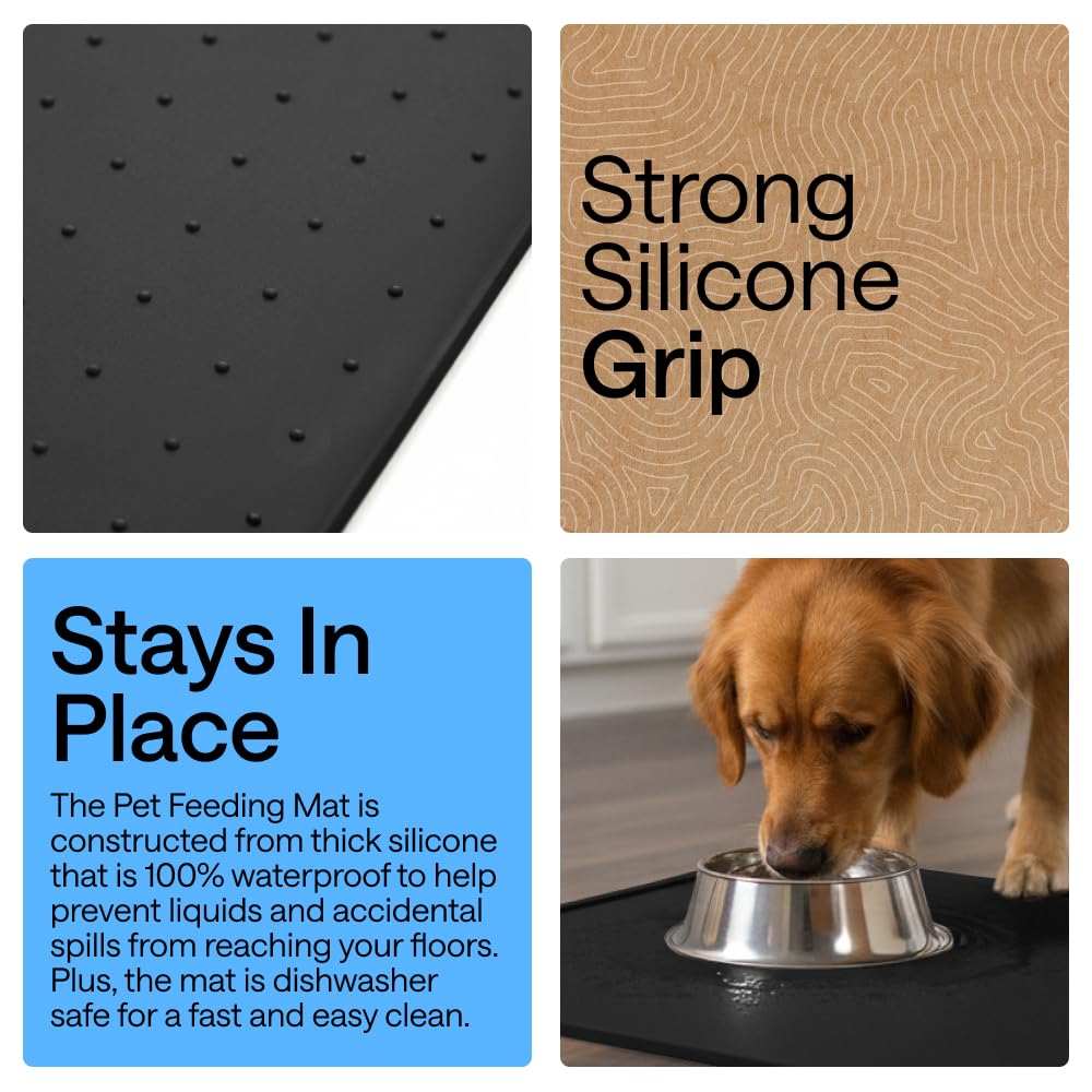 GORILLA GRIP 100% Waterproof Raised Edge BPA Free Silicone Pet Feeding Mat, Dog Cat Food Mats Contain Spills Protects Floors, Placemats for Cats and Dogs Water Bowl, Pets Accessories 18.5x11.5 Black