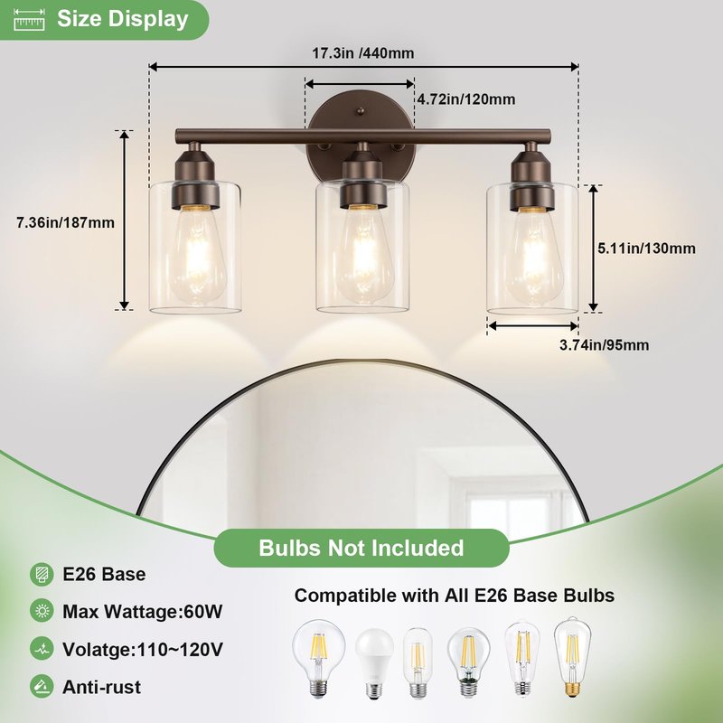 Percantis 3-Light Bathroom Vanity Light Fixture, Modern Wall Lamp for Mirror with Clear Glass Shade (D-Clear Glass & Brown)
