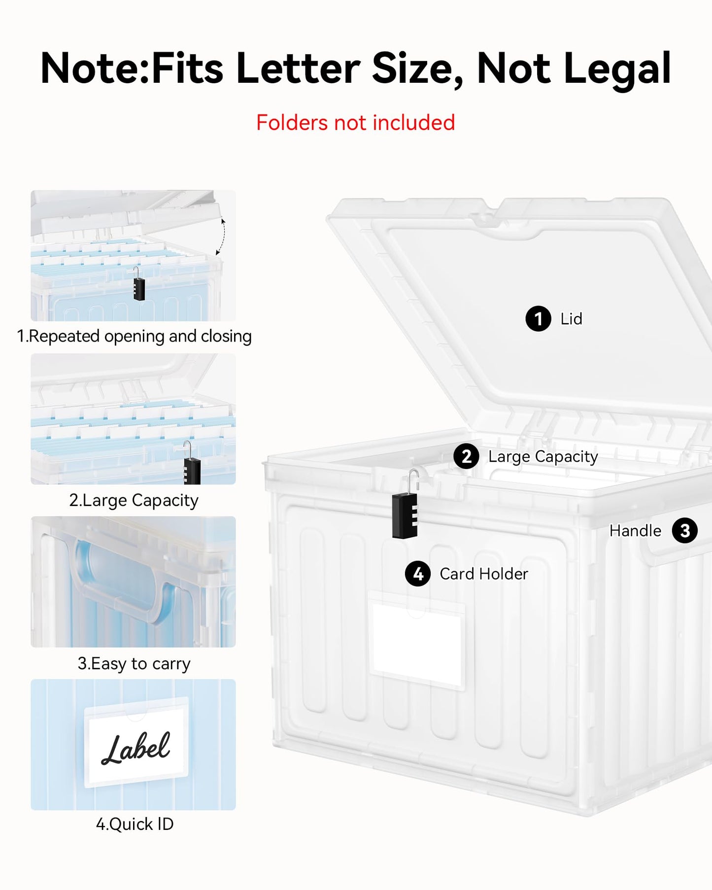 Oterri Plastic File Box with Lid for Letter Size Hanging File Folders, Hanging File Folder Box for Home, Office, School, File Cabinet, Assembly File Organizer, Clear，Large-1 Pack Without Folders
