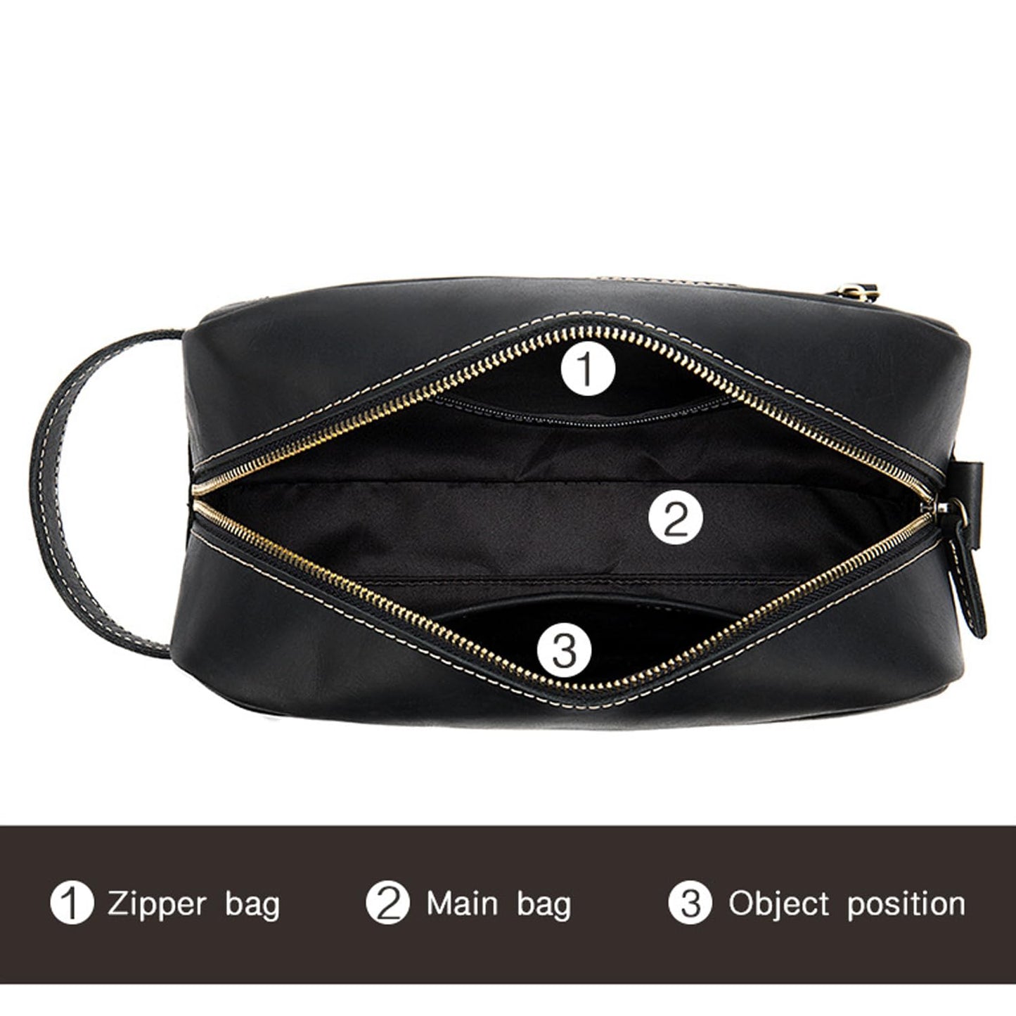 Full Grain Genuine Leather Zipped Travel Toiletry Bag for Women Men Ladies Clutch Purse Wallet Shaving Bag Cosmetic Bag Dopp Kit Wristlet Organizer Holder Wrist Bag Pack Business Handbag Black