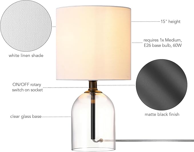 GLOBE Electric 61000141 15" Table Lamp, Glass Base, Matte Black Finish, White Linen Shade, Rotary Switch on Socket, 5-Foot Clear Cord, Bedroom, Home Décor, Nightstand