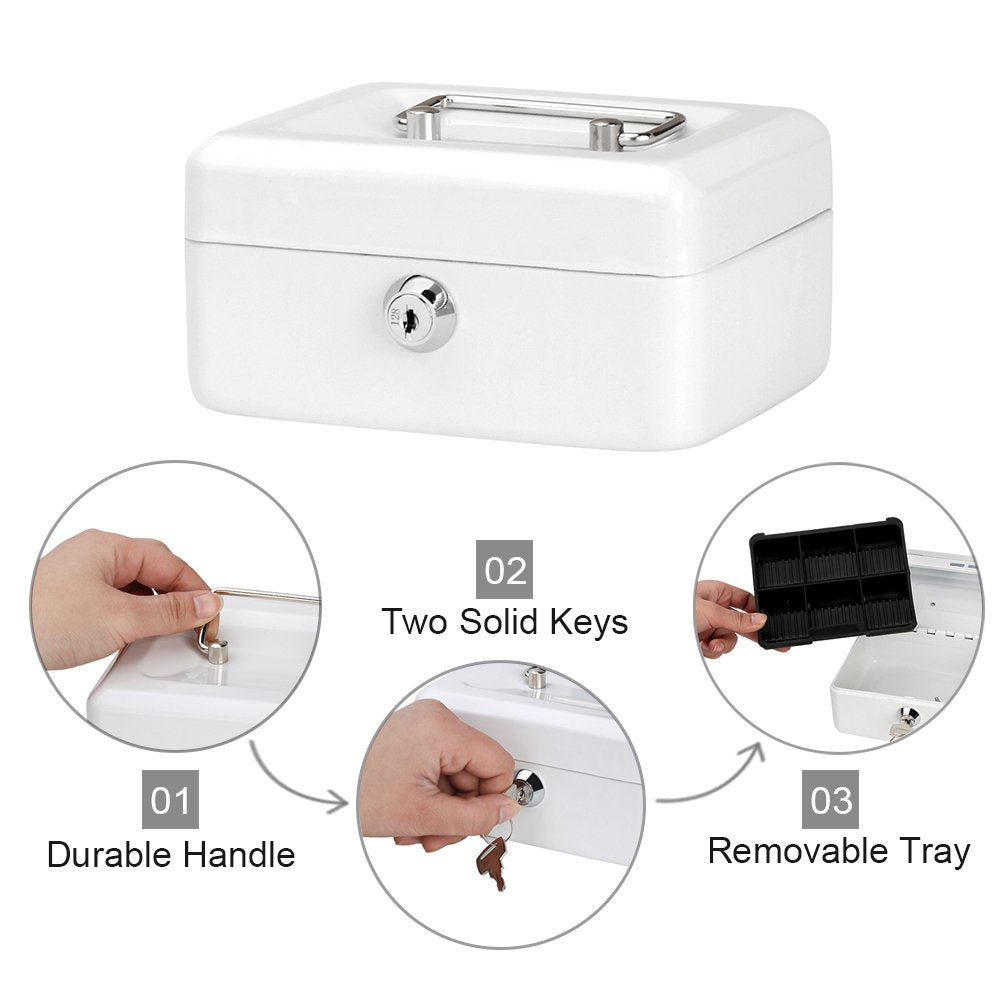 Decaller Small Cash Box with Key Lock, Double Layer Metal Money Box for Home Security, Portable Locking Box, 5.9" x 4.7" x 3.2", White