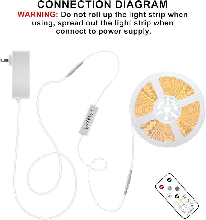 32.8ft COB Led Strip Light with Remote, 3000K Dimmable Bright Warm White Led COB Strip Light, White Continuous Led Strip Light for Mirror, Stair, Cabinet, Room