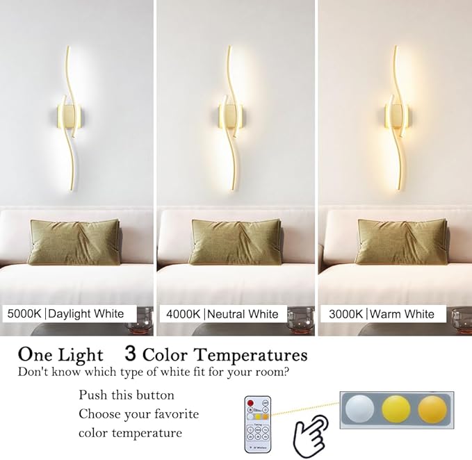 Modern Gold Wall Light Fixture Set of 2, RC Dimmable LED Wall Light Indoor, LED Wall Decor for Hallway Bedroom Living Room, Hardwired Wall Sconce with Remote Control, 27.56" in, Timer, Memory