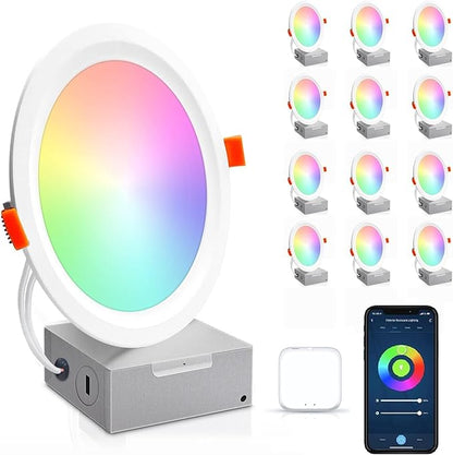 Peteme Smart Led Recessed Lighting 6 Inch 12 Pack WiFi Ceiling Light 14W,1200LM Color Changing Recessed Lighting RGB Cool & Warm White, Sync to Music, Controllable Downlight Compatible with Alexa