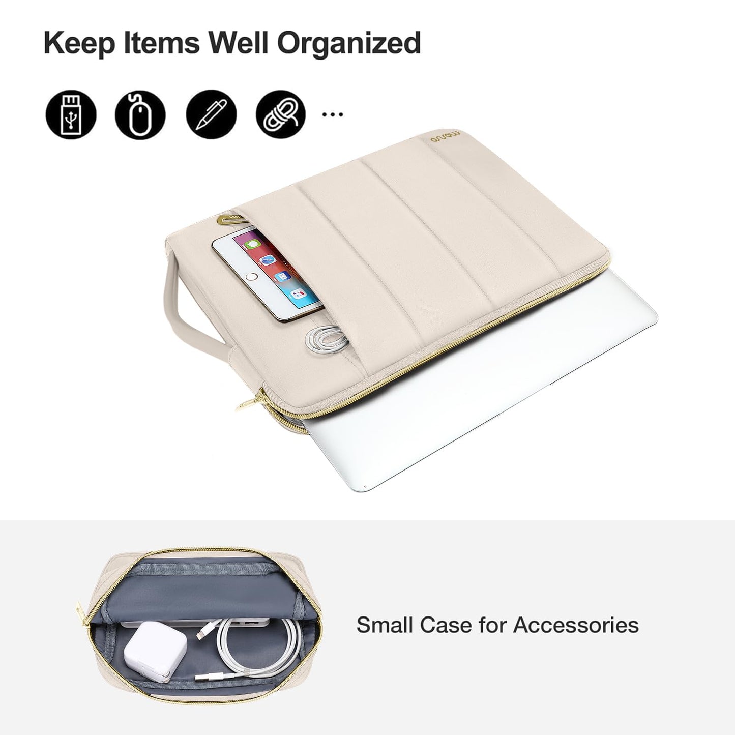 MOSISO 13-14 inch Laptop Case, 13.3 inch Puffy Laptop Sleeve Compatible with MacBook Air 13.6 M5 M4 M3 M2 M1/Neo/Pro 13/14,HP Dell ASUS Lenovo, Rectangle Vertical Bag with Small Case&Side Handle, Sand