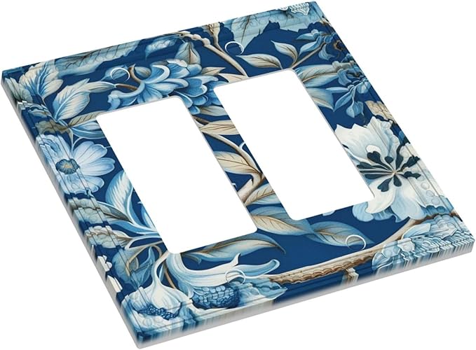 Blue Flowers Branches Leaves Floral Pattern Dual Outlet Covers Wall Plate 2 Gang Rocker Decorative Switchplate Electrical Faceplate GFCI Light Switch Covers for Farmhouse Living Decor