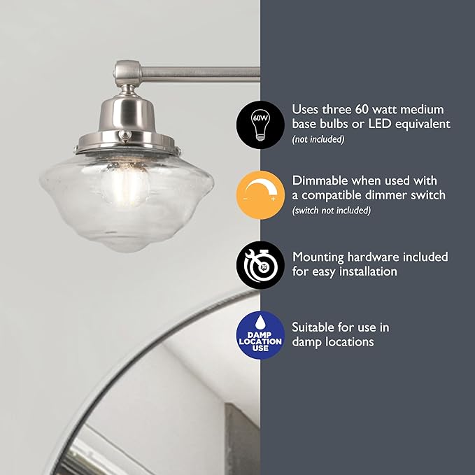 Design House Vintage-Inspired Schoolhouse 3-Light Dimmable Vanity Light, 23.125 in x 7.625 in x 9.5 in, Satin Nickel, Clear Seeded Glass Shades, 589143-SN