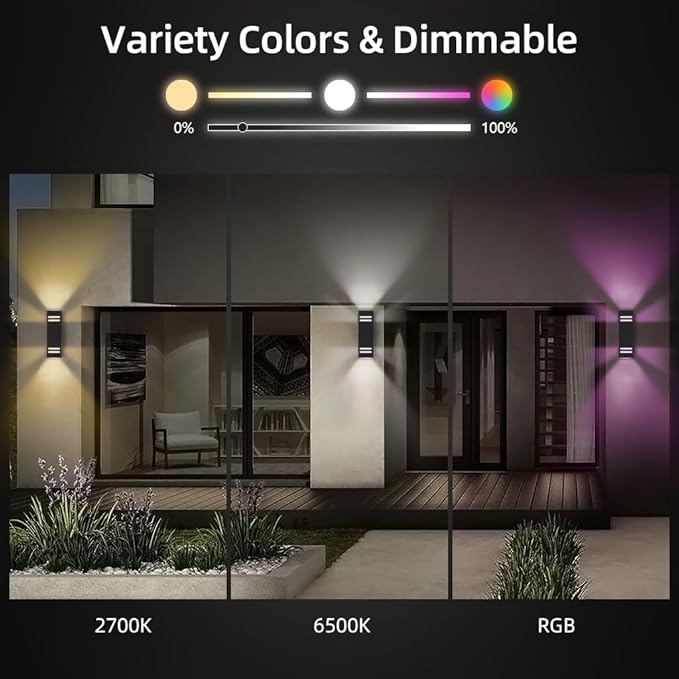 KIZON Modern Smart Porch Lights RGBCW, Dusk to Dawn Outdoor Lights Color Changing App Control with Remote, Dimmable WiFi Up and Down Lights Outdoor Sconce for House Theater Garage, ETL Listed, 2 Pack