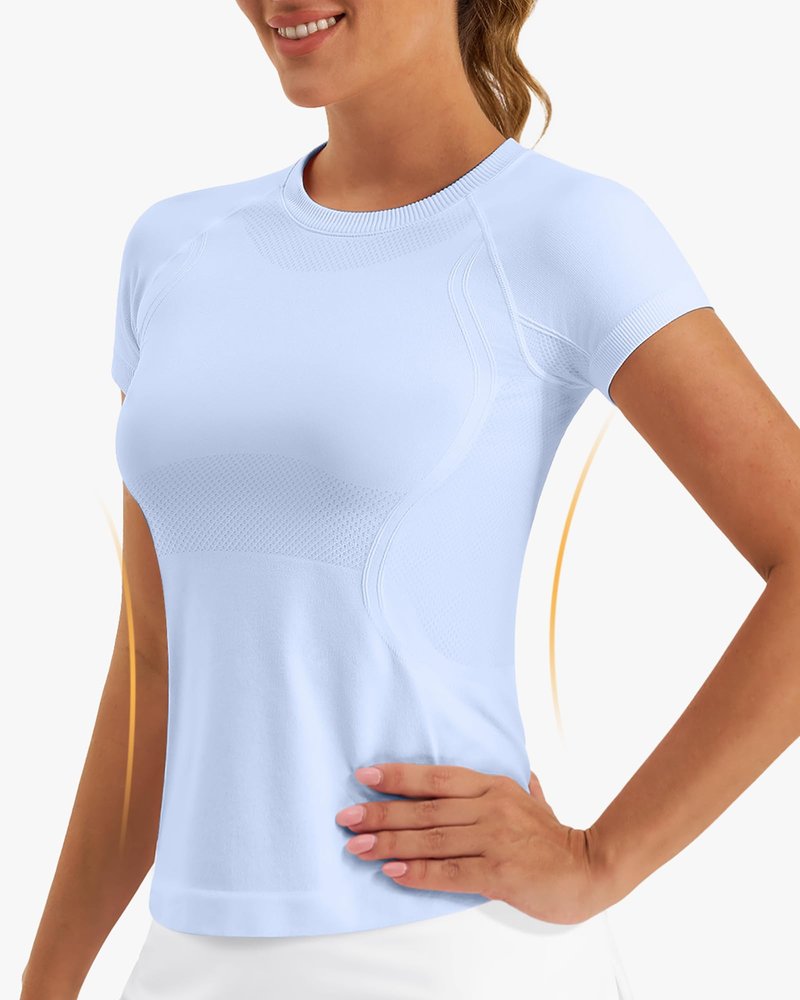 Stelle Women Workout Tops Short Sleeve Seamless Athletic Shirts Yoga Gym Sports Breathable Tees(Blue,S)