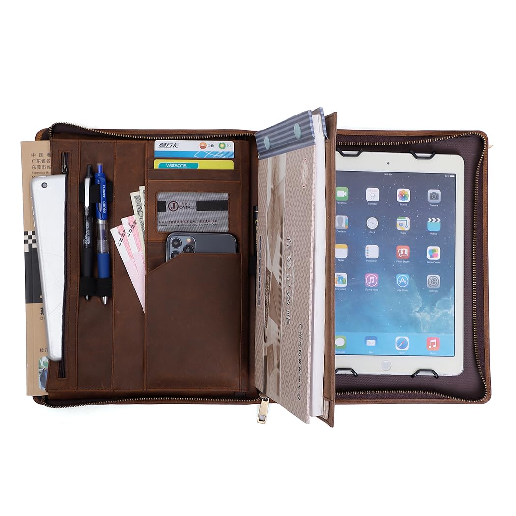 Crazy Horse Leather Portfolio Binder with 3-Zipper, Executive Padfolio Business Organizer & Resume Portfolio with iPad Holder, Legal Pad Portfolio for Men, Meetings, Interviews & Business Travel