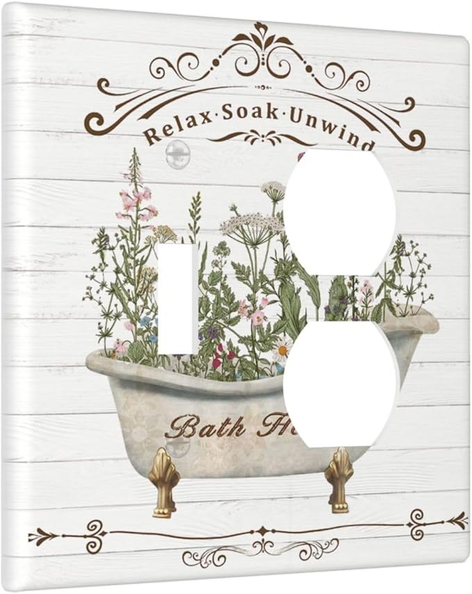 Decorative Light Switch Cover Plate Rustic Farmhouse Wooden Board Botanical Flower 2 Gang Outlet Covers 1 Toggle 1 Duplex Wall Plate Decorate Electrical Switch Plate Covers for Bathroom Home