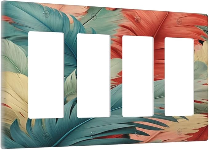 Colorful Feathers Blue Red Light Switch Cover 4 Gang Rocker Decora Outlet Covers Wall Plate Decorative Switchplate Electrical Faceplate GFCI for Farmhouse Living Bedroom Decor