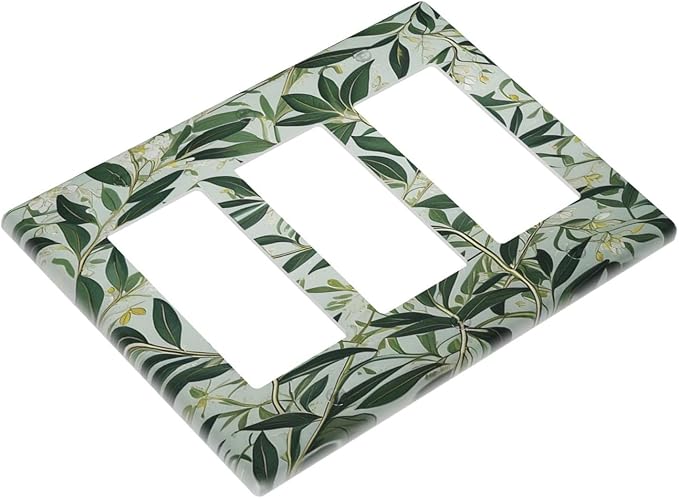 Sage Eucalyptus Leaves Foliage 3 Gang Rocker Triple Outlet Wall Plate Decorative Switchplate Cover Faceplate GFCI Light Switch Covers for Farmhouse Living Decor
