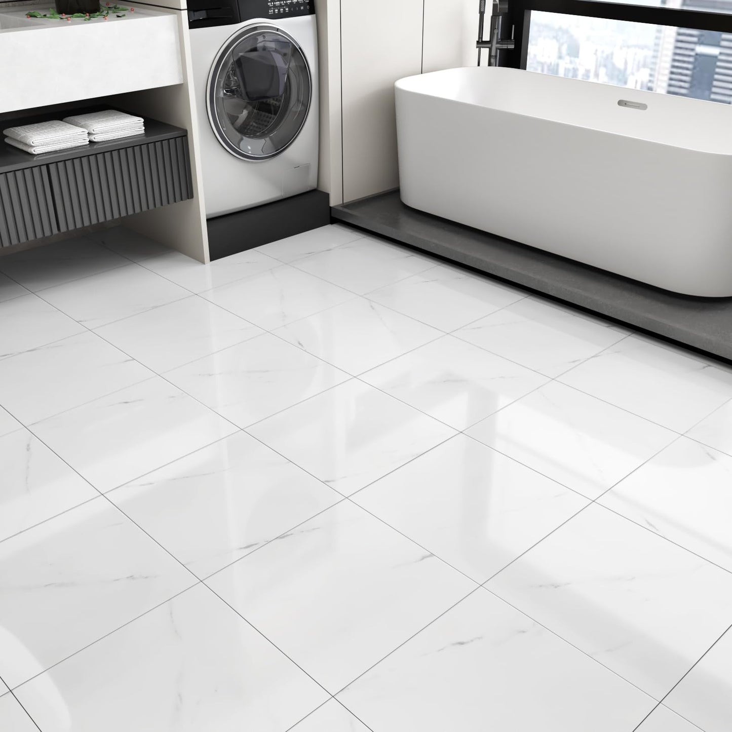 Wallercity 18PCS Glossy Marble White Peel and Stick Floor Tile Self Adhesive Bathroom Waterproof Stick on Floor Tile 12x12 Inch Sticky Tiles for Bedroom Living Room Kitchen Linoleum Flooring Sheets