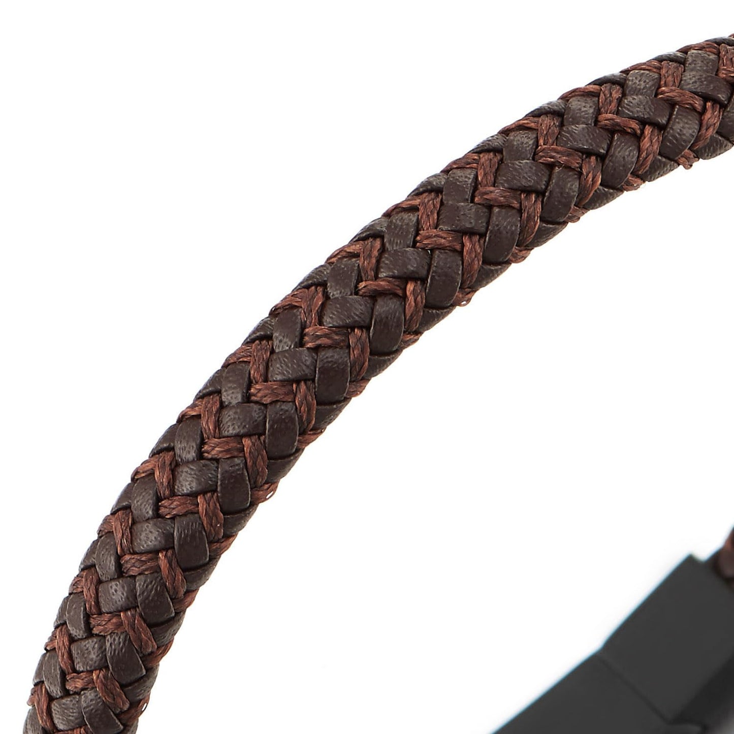 COOLSTEELANDBEYOND Men's Brown Braided Leather Bracelet with Matte Black Clasp, Nordic Minimalist Jewelry for Daily Wear, Rustic Masculine Fashion Gift for Him