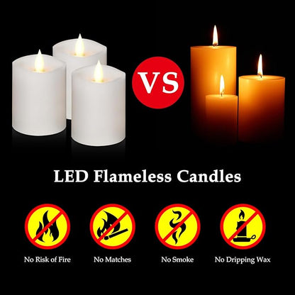 3"x4" Flickering Flameless Candles with Remote Timer- Set of 3 Real Wax White Pillar LED Candles for Indoor/Outdoor Fireplace & Home Decor, Battery Operated with 600+ Hours Flickering (3" Diameter)