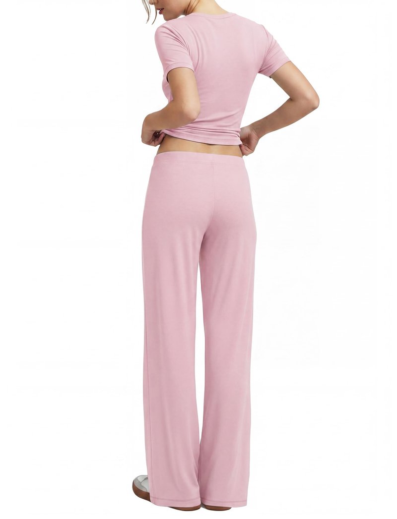 Flevita Womens 2 Pcs Sets Summer Travel Outfits T-shirts and 31" Wide Leg Pants Comfortable Airport Lounge Wear Set with Pockets Pink M