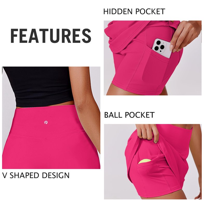 PINSPARK Tennis Skorts for Women with Pockets Tummy Control Athletic Golf Skort Lightweight Solid Skort Skirts with 2 Pockets, Hot Pink XXL