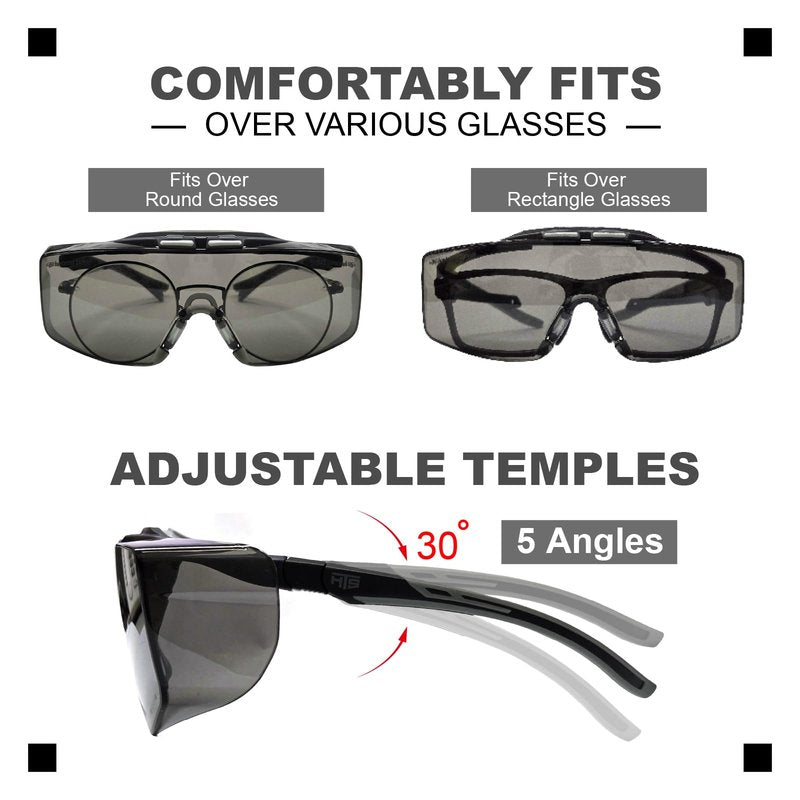 HTS HUNTERSKY 3906 ANSI Z87.1+ Anti Fog Lab Over Eyeglasses Safety Glasses Smoke Tinted Impact Resistant Lens Integrated Side Shields UV Protective OTG Goggles