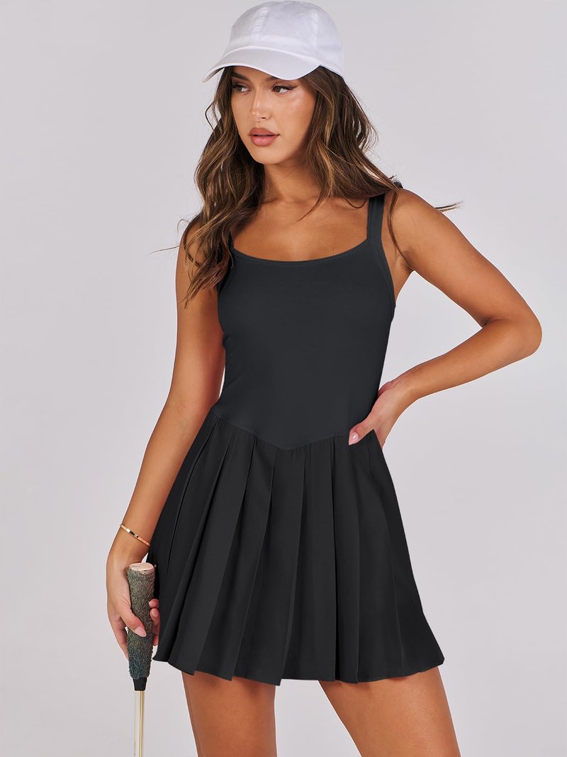 ANRABESS Women's Tennis Athletic Pleated Summer Mini Dress 2025 Golf Workout Build in Shorts Casual Romper Short Sundress Black Medium