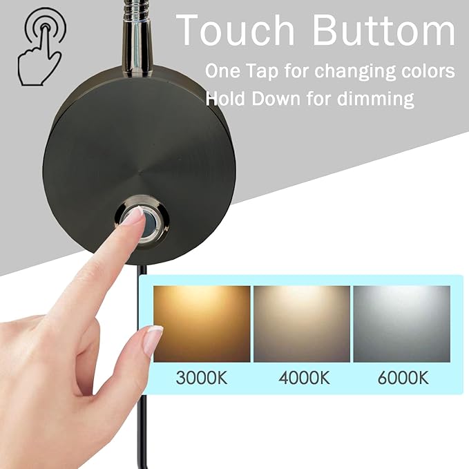 Adust Reading Lights for Books in Bed, Bedside Reading Lamp, RV Boat Reading, DC 5V-240V 3W LED Touch Dimmable Brightness Wall Mount Lamp, Adjustable Colour Temperature, 3000k, 4000k, 6000k(Black)