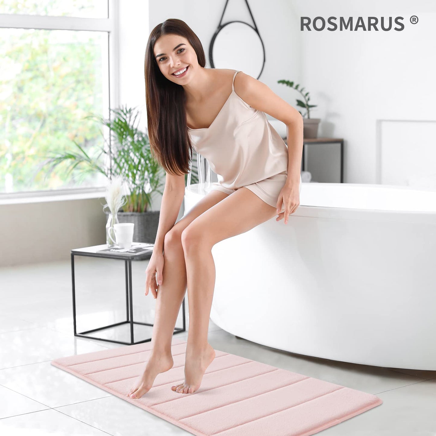ROSMARUS Memory Foam Bath Mat 17” x 24”, Water Absorbent Bath Mats for Bathroom, Non Slip Washable Bathroom Rugs for Shower, Ultra Soft Bathroom Mats for Floor & Tub, Pink