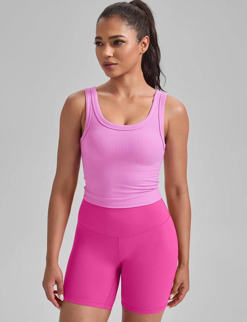 HeyNuts Ribbed Longline Sports Bras for Women, U Back Wireless Medium Impact Workout Athletic Basic Gym Yoga Crop Tank Tops Padded with Built in Bras Dahlia Mauve S