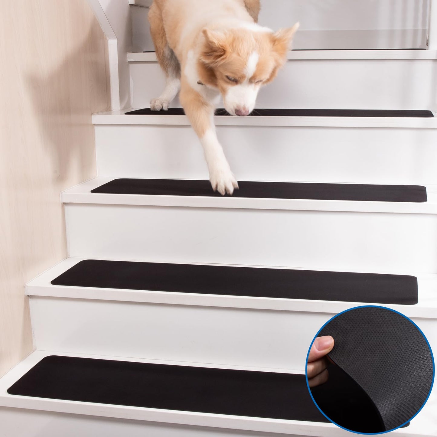 HOPEVIVA Carpet Stair Treads Non Slip for Wooden Stairs, Rubber Backed Indoor Stair Treads with Tech Fabric Surface, Anti Slip Stair Covers, 30" x 8", Set of 15, Black