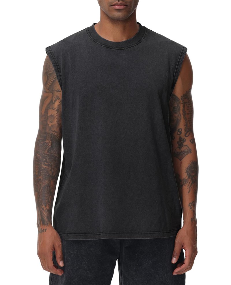 SnowElve Mens Workout Tank Tops Sleeveless Tee Shirts Men Muscle Shirt Gym Acid Wash T Shirts Running Beach Loose Fit Tee(BK,L) Black