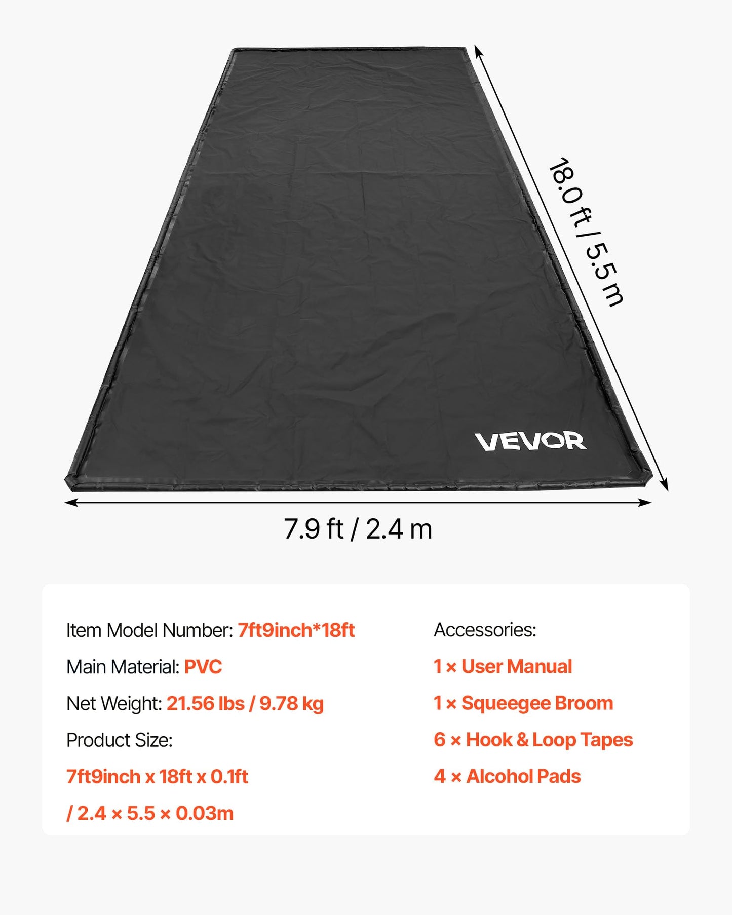VEVOR Containment Mat, 7 ft 9 in x 18 ft, Non-Slip PVC Garage Floor Mat with a Cleaning Squeegee, Heavy Duty Durable Waterproof Containment Protection from Snow, Rain and Mud for Cars Parking, Black