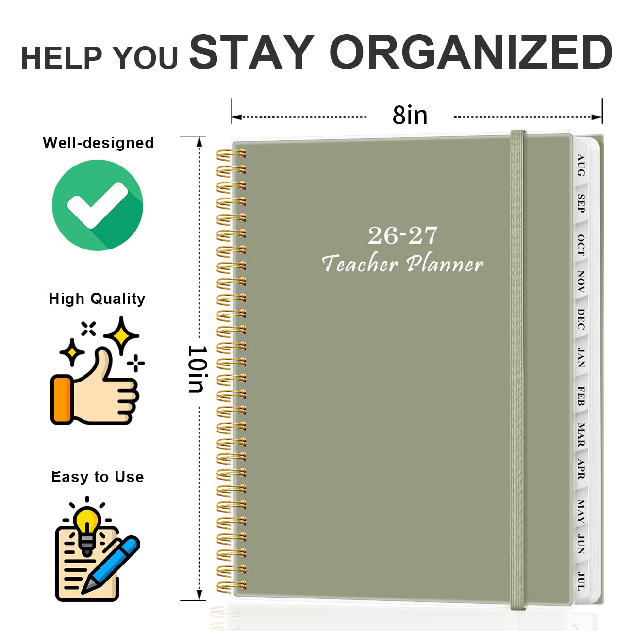 2026-2027 Teacher Planner, Lesson Planner from August 2026 - July 2027, Teacher Lesson Planner Book 2026-2027 for Teacher Class Schedule, Student Info & Weekly Planning, 8" x 10", Green