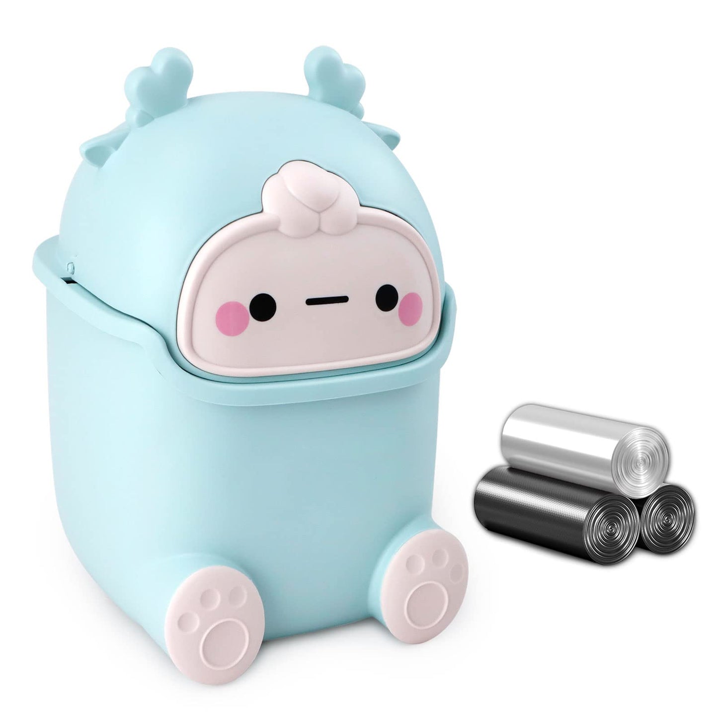 QLFJ-FurDec Cute Desktop Trash Can Wastebasket with 90 Trash Bags, Creative Tiny Countertop Garbage Can with Flip Lid, Small Plastic Storage Bin for Bedroom, Bathroom, Kitchen, Office(Sky Blue)