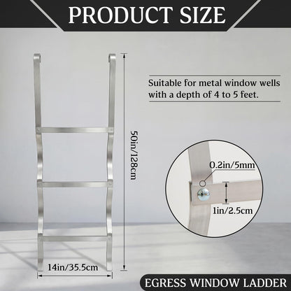 Shimeyao Egress Window Well Ladder 3 Step, Aluminum Basement Escape Ladder 14" W x 50" H with Hook, 300lbs Capacity for Emergency Home Safety
