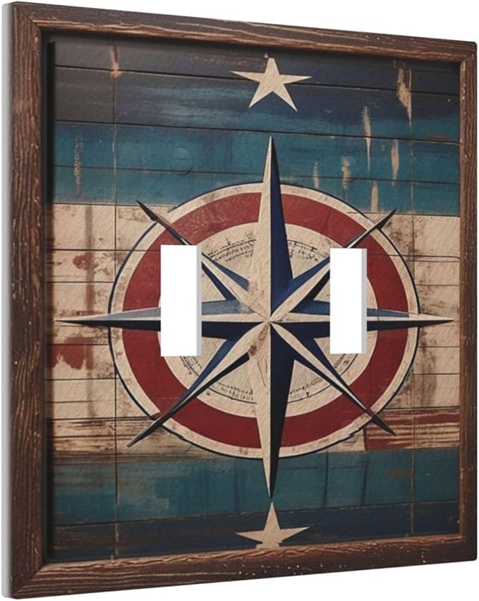 Decorative Art Light Switch Covers Nautical Rustic Star Emblem 2 Gang Double Toggle Wall Plate Decorative Switchcover Electrical Switchplate for Home Decor
