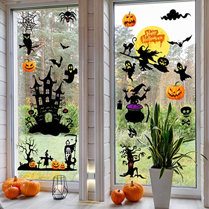 6 Sheets Halloween Wall Decals Black Bats Witch Ghost Ancient Castle Pumpkin Wall Stickers Decor Removable DIY Home Art for Halloween Party Supplies