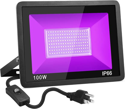 100W Black Light, Indoor Outdoor Blacklight with Plug and Switch, Ip66 Waterproof, 365 NM UV Light for Glow Neon Party, Body Painting, Fluorescent Tapestry, 1Pack