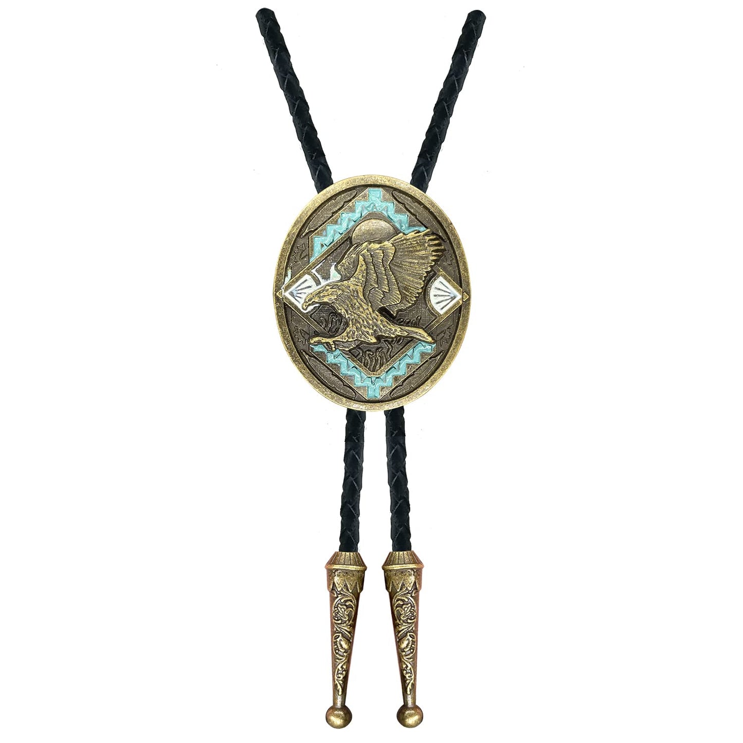 QUKE Native American Western Cowboy 3D Bald Eagle Sunset Bolo Tie Hand-woven Leather Bronze Bola Tie Necktie for Men Women