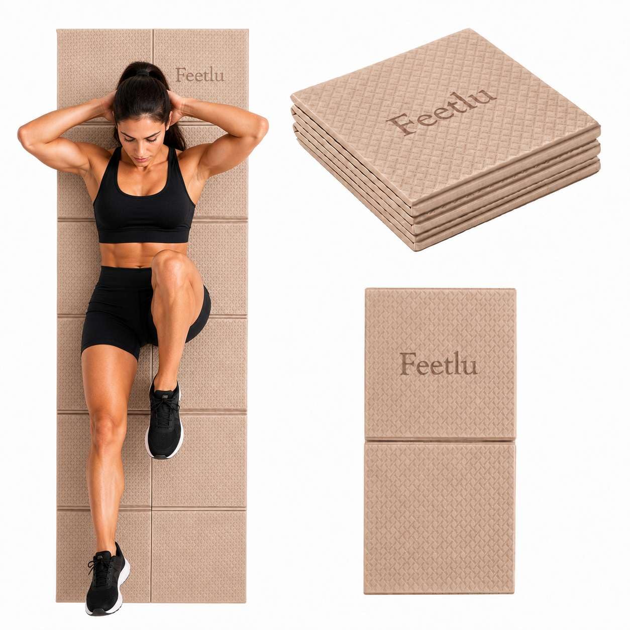 Feetlu Foldable Yoga Mat, 6mm Thick, 72L x 24W Inch, Lightweight, Anti-Slip, and Easy to Store – Perfect for Travel, Yoga, Pilates, Home Workouts, and Floor Exercises (Khaki)