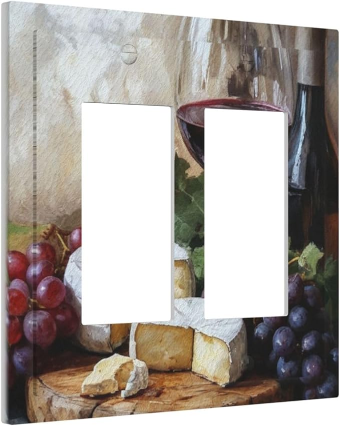 Decorative Art Light Switch Covers Wineglass & Artisanal Cheeses 2 Gang Dual Rocker Outlet Switch plate Faceplate GFCI for Home Decor