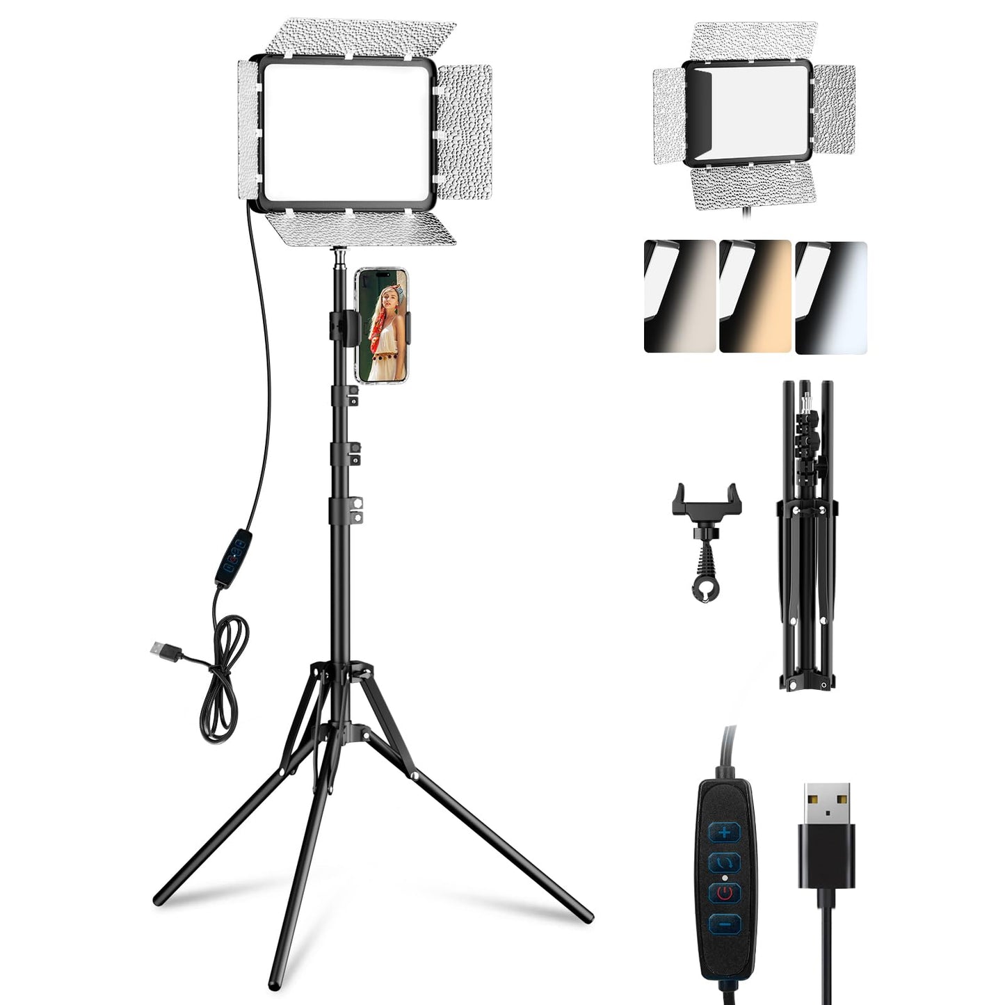 EMART LED Video Light Kit with Phone Holder & Barndoor, 2800-7000K Dimmable Studio Lights for Video Recording, 73'' Height for Live Streaming, YouTube, Vlog, Photography, Content, Podcast, 1-Pack