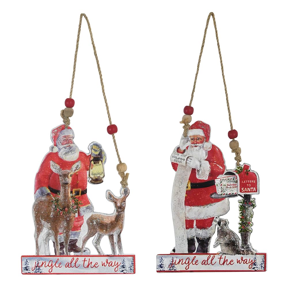 Rustic Metal Christmas Ornaments 2-Pack Xmas Hanging Ornaments Embossed Santa Claus Reindeer for Christmas Tree, Fireplace and Wall Decoration