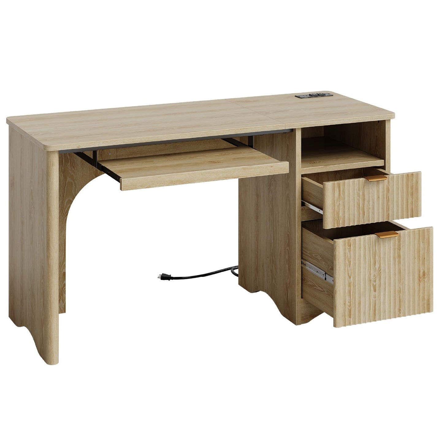 Bestier Computer Desk with Drawer, 55 inch Office Desk with Power Outlet, Modern Home Office Desk with Keyboard Tray (Natual Oak, 55" W with Single-Sided Drawers)