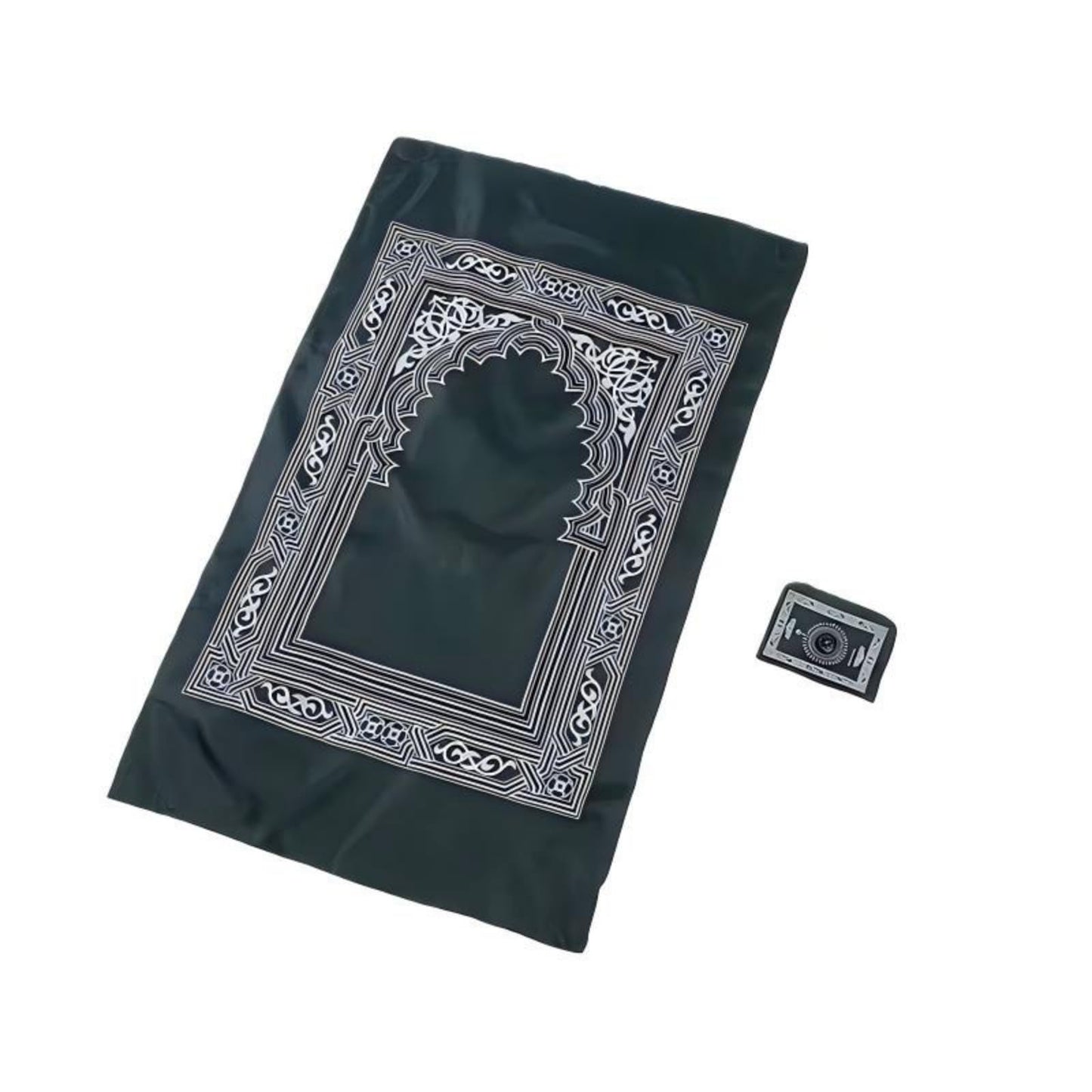 Portable Polyester Muslim Prayer Mat, Square Unnapped Woven Fabric with Directional Compass for Travel & Daily Prayer(D.Green)