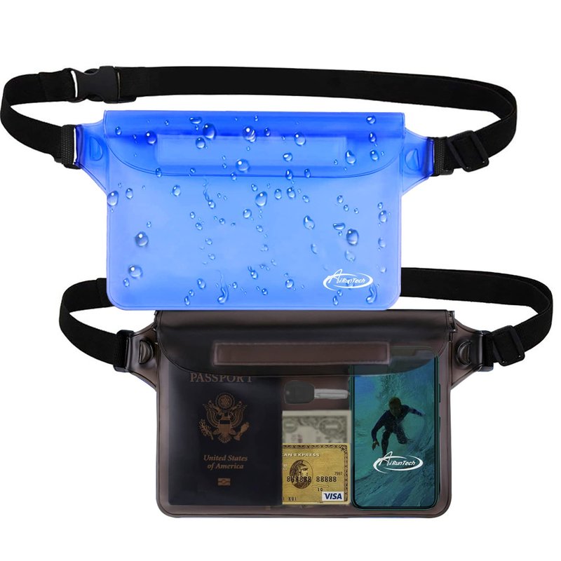 AiRunTech Waterproof Pouch with Waist Strap (2 Pack) | Beach Accessories Best Way to Keep Your Phone and Valuables Safe and Dry | Perfect for Boating Swimming Snorkeling Kayaking Beach Pool(Grey+Blue)