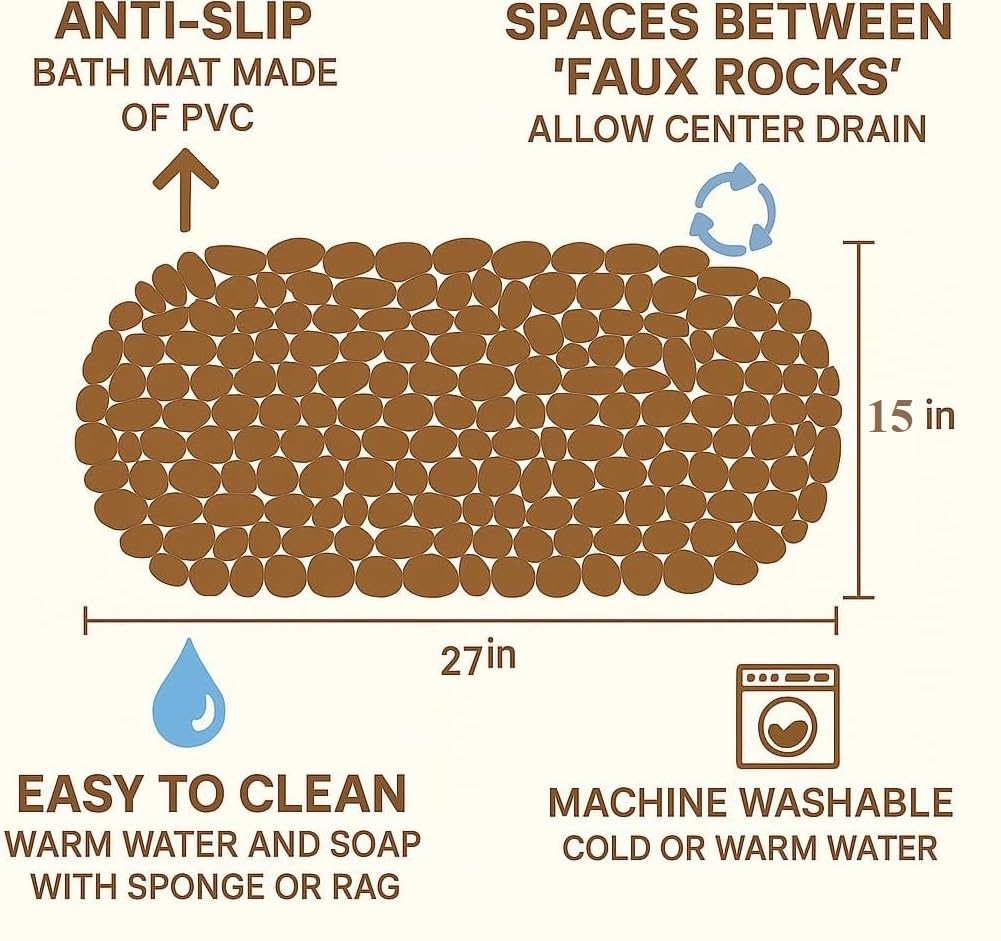 Dependable Industries Inc. Essentials Nonslip PVC Pebble Style Bathmat Shower Bathtub with Suction Cups 27" x 15" Textured for Secure Footing Oval (Brown)