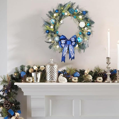 TOKCARE Prelit Christmas Wreath with Blue Bow and Ball Ornaments 22 Inch Christmas Wreath with Lights for Front Door Battery Operated Timer 40 LED Lights, Holiday Decoration for Fireplace Xmas Decor