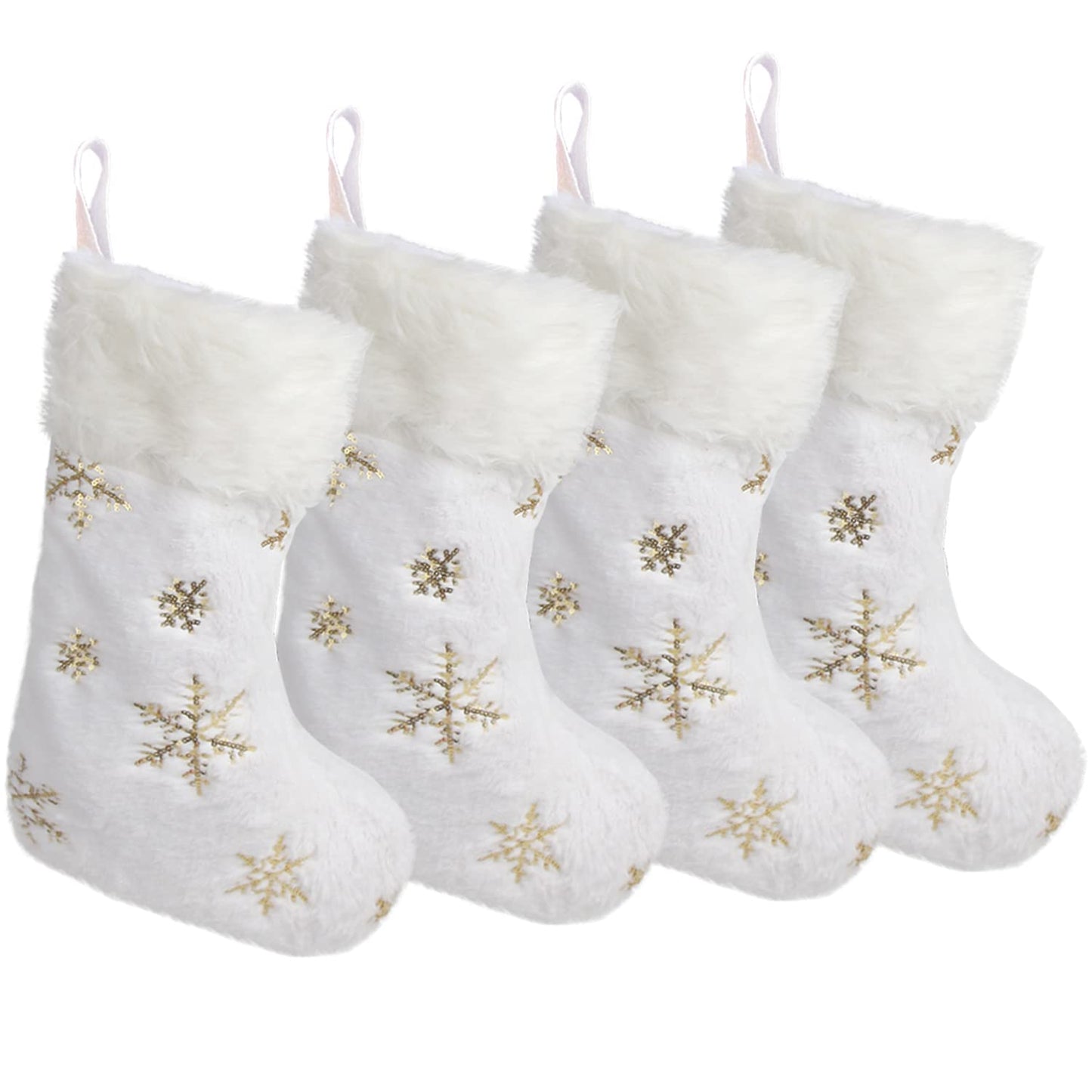 CCINEE 4PCS White Christmas Stockings,18 Inch Large Plush Faux Fur Xmas Stocking with Golden Snowflake Sequin Glitter Snowflake Hanging Stocking for Christmas Tree Wall Fireplace Home Decoration